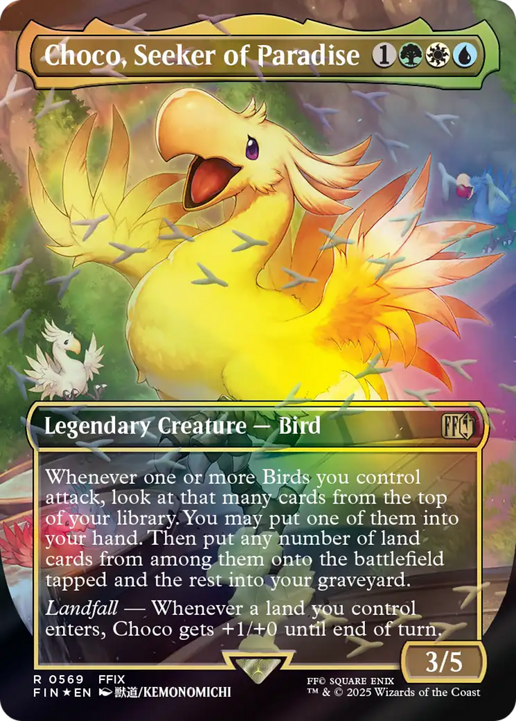 Choco, Seeker of Paradise (Borderless) (Chocobo Track Foil) [FINAL FAN Darkwater Games Choco, Seeker of Paradise (Borderless) (Chocobo Track Foil) [FINAL FAN Darkwater Games