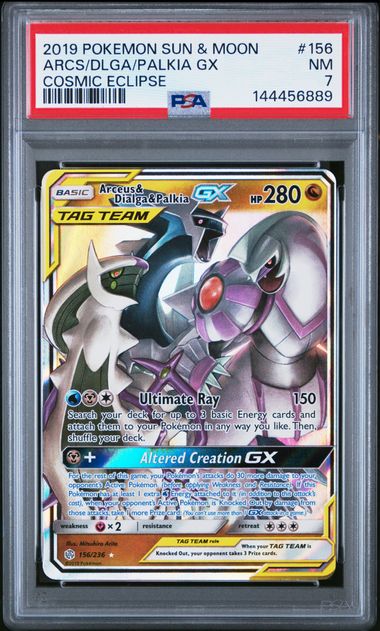 Graded Pokemon - Arceus & Dialga & Palkia GX (156/236) Cosmic Eclipse PSA 7