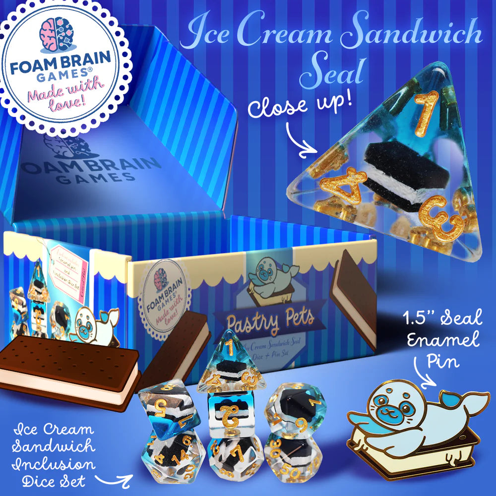 Pastry Pets: Ice Cream Sandwich Seal - Pin & RPG Dice Set