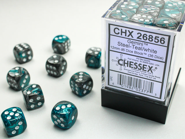 Gemini Steel-Teal/White - 36 Piece pip D6's