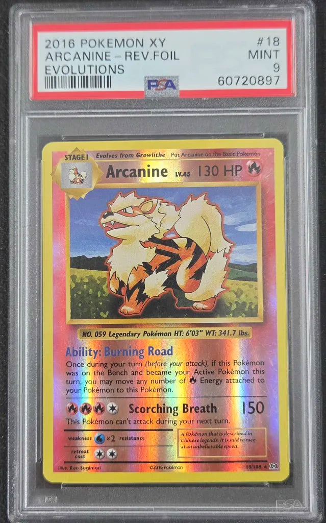 Graded Pokemon - Arcanine (18/108) Evolutions Reverse Holo PSA 9