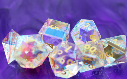 Iridescent Crystal - Gemstone Engraved with Gold Dice Set