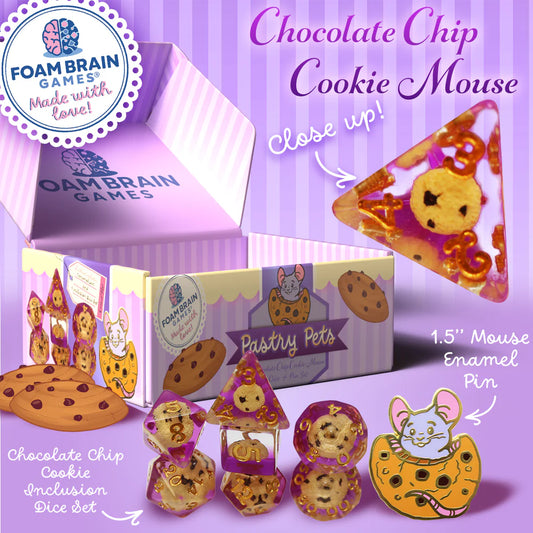 Pastry Pets: Chocolate Chip Cookie Mouse - Pin & RPG Dice Set