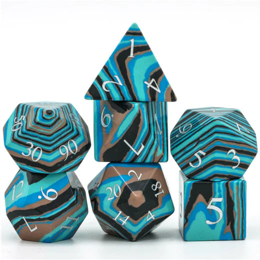 Turquoise Blue & Brown Engraved RPG Dice Set