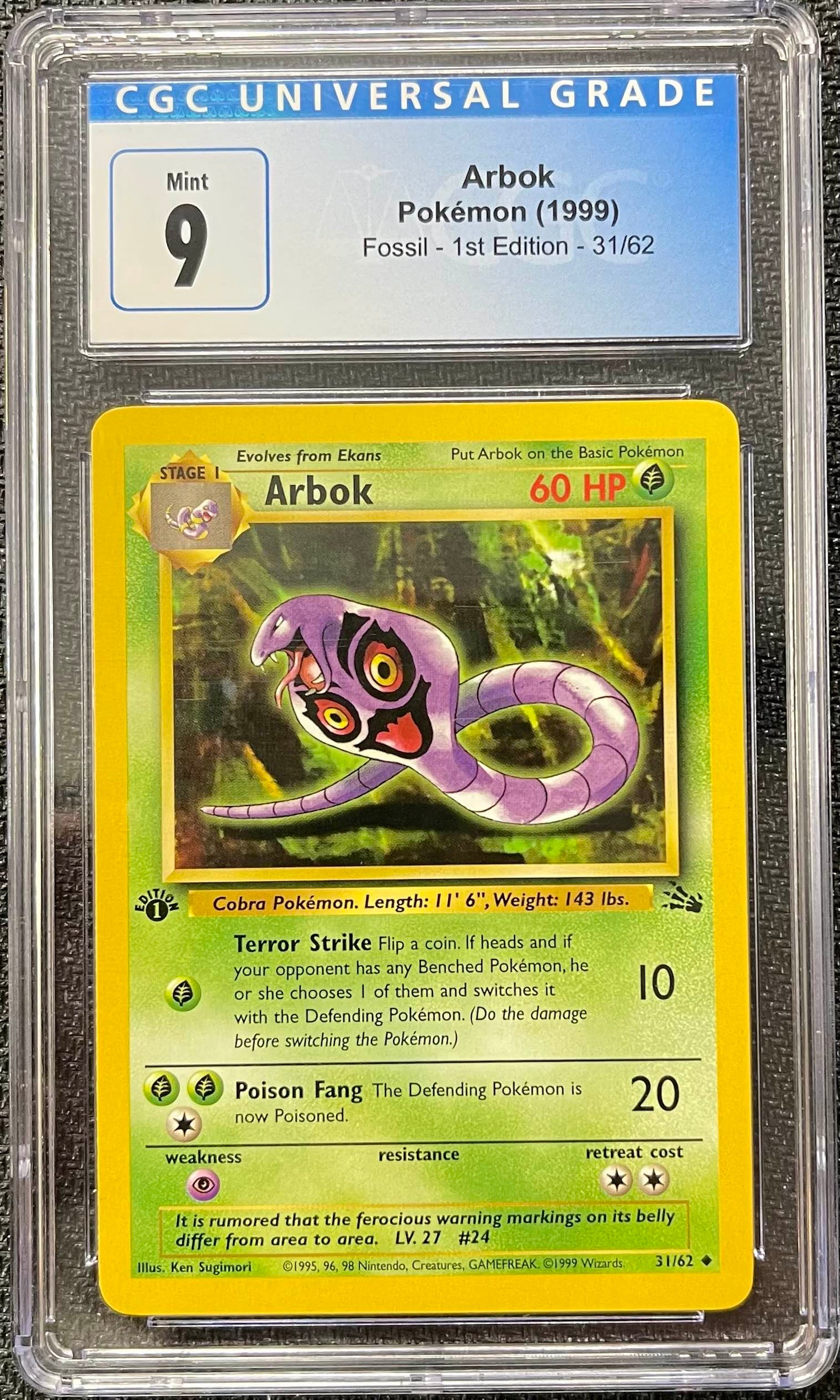 Graded Pokemon - Arbok (31/62) Fossil 1st Edition CGC 9