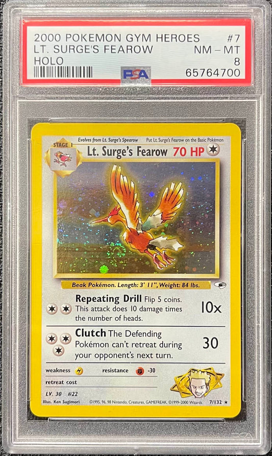 Graded Pokemon - Lt. Surge's Fearow (7/132) Gym Heroes PSA 8