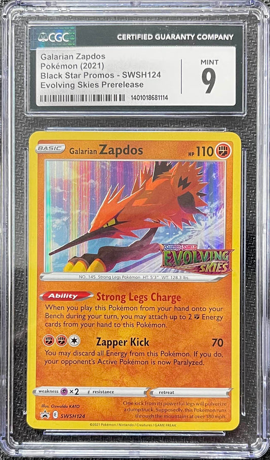 Graded Pokemon - Galarian Zapdos (SWSH124) Evolving Skies Prelease Promo CGC 9