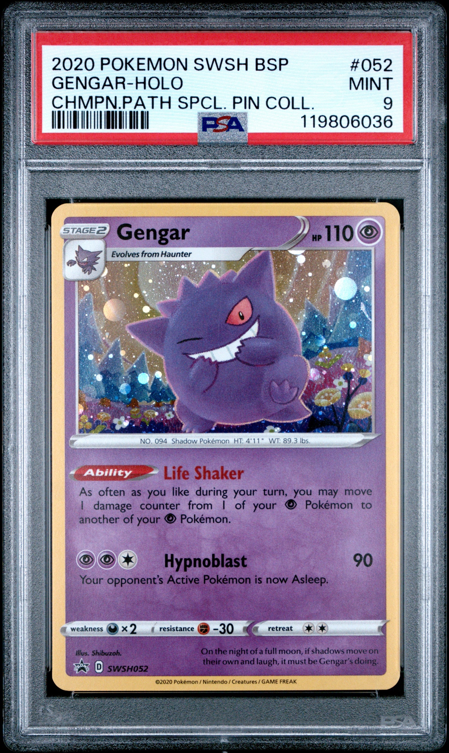 Graded Pokemon - Gengar-Holo (SWSH052) Champion's Path Pin Collection PSA 9