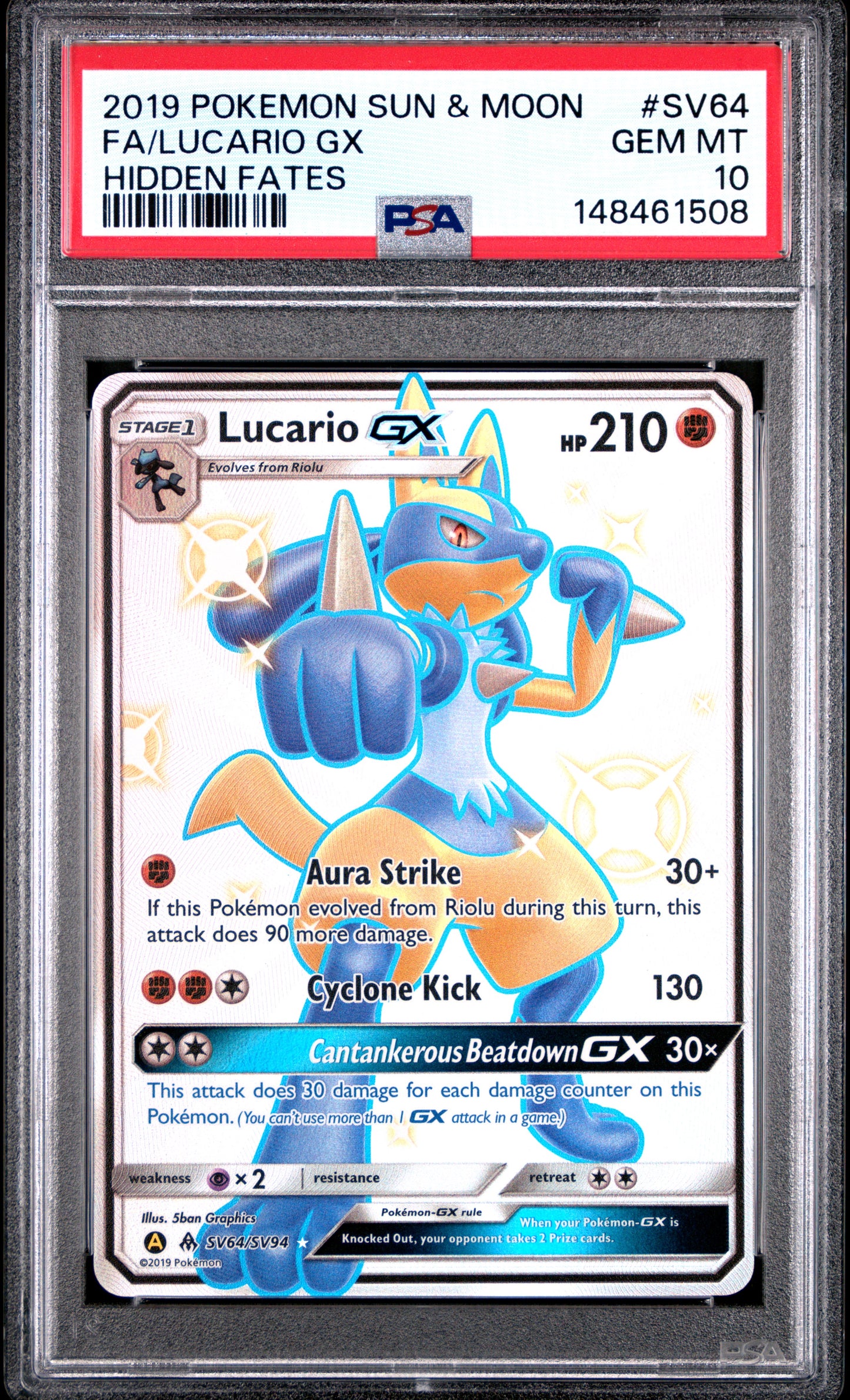 Graded Pokemon - Lucario GX (SV64/SV94) Hidden Fates PSA 10