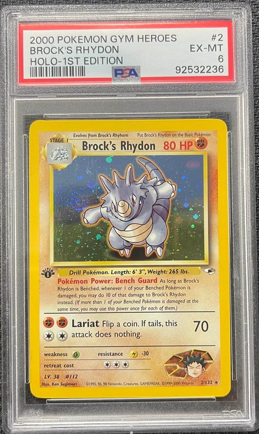 Graded Pokemon - Brock's Rhydon (2/132) Gym Heroes 1st Edition Holo PSA 6