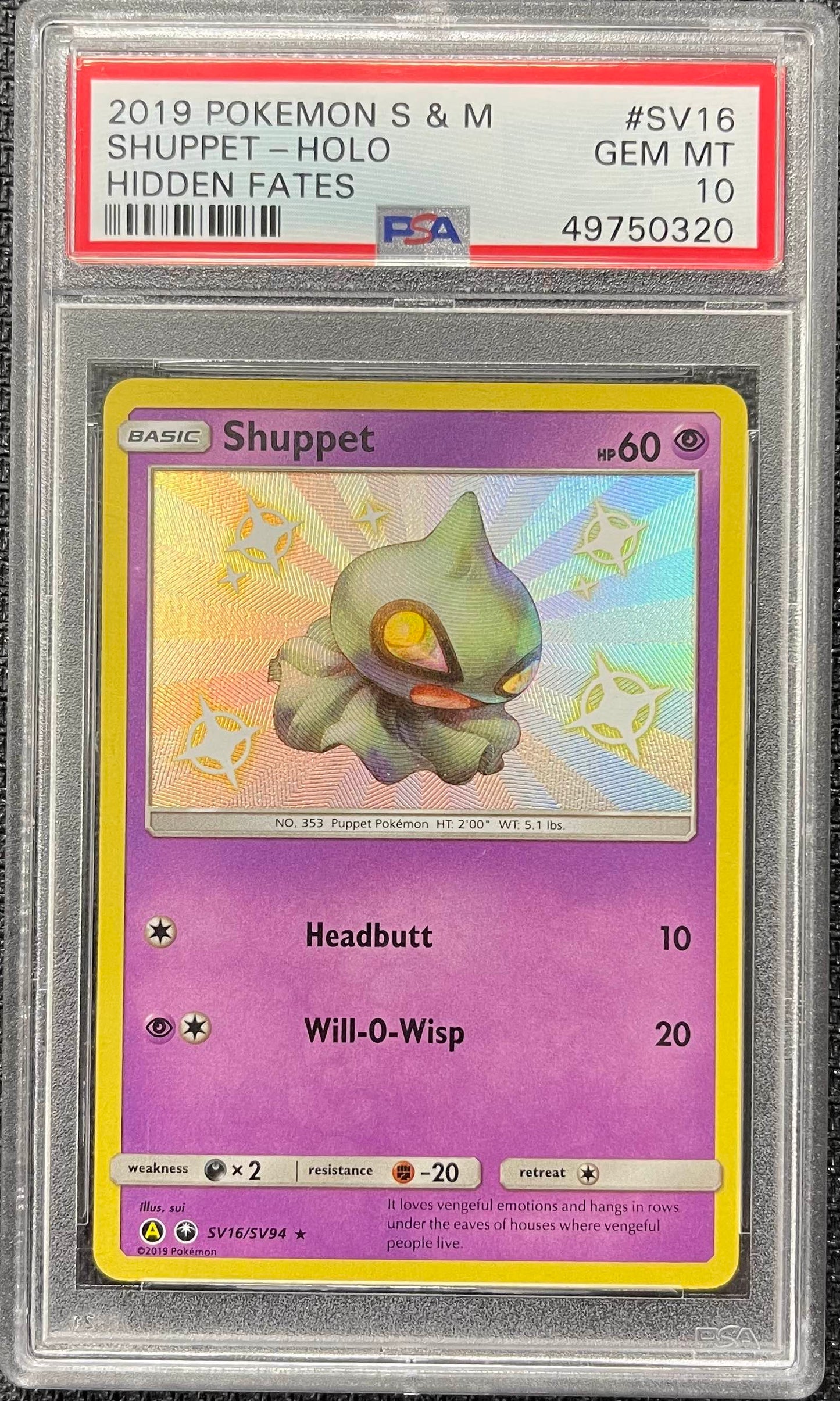 Graded Pokemon - Shuppet (SV16/SV94) Hidden Fates PSA 10