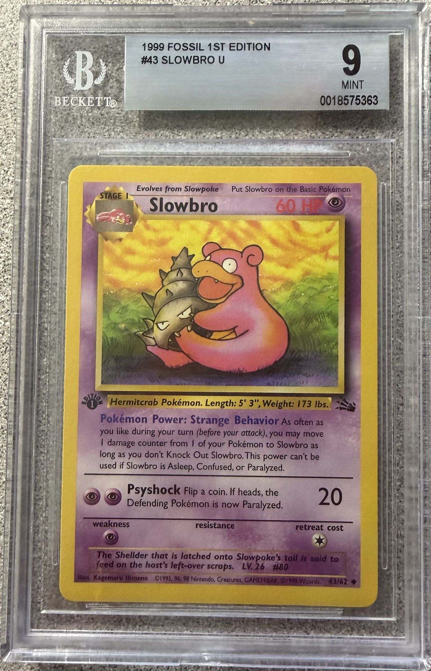 Graded Pokemon - Slowbro (43/62) Fossil 1st Edition BGS 9