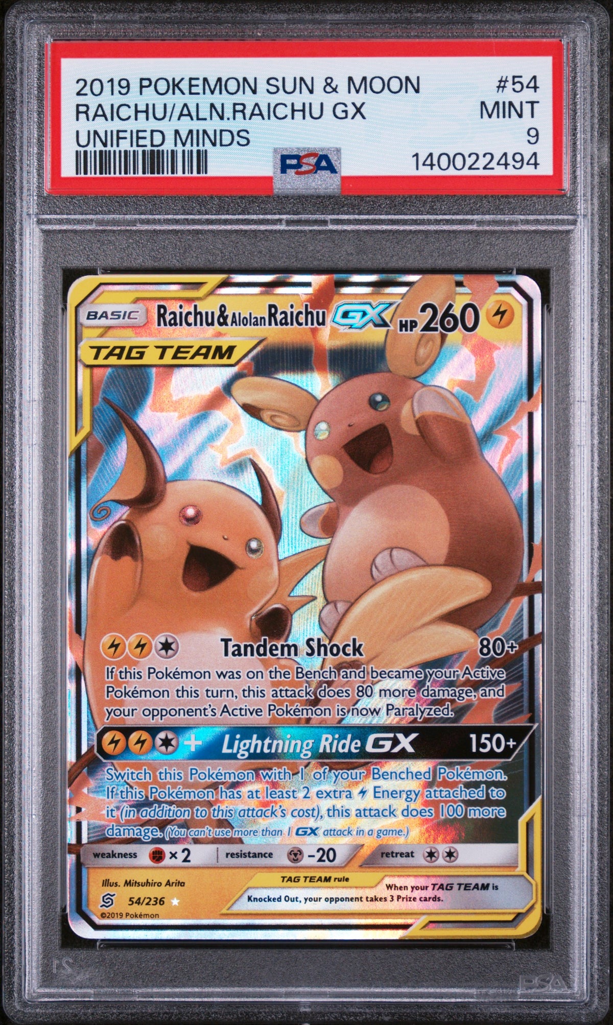 Graded Pokemon - Raichu & Alolan Raichu GX (54/236) Unified Minds PSA 9
